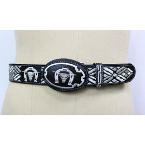 Mexican Bull Belt & Buckle Embroidered Cinto Charro Piteado VTG Style Size 38